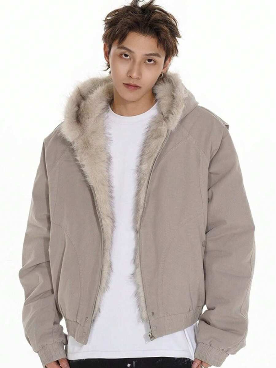 Nuevo abrigo de algodón para hombre con cuello de piel y forro polar grueso y cálido estilo parejas moda invierno - Gris - Ver 1