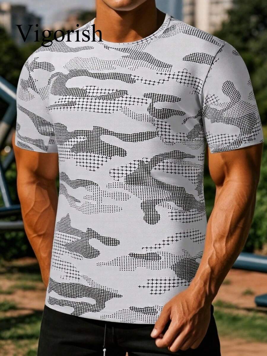 Men's Light Gray Camo Grid Print Crew Neck Short Sleeve T-Shirt - Casual Daily Top - White - View 1