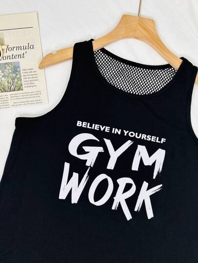 Top de malla holgado con estampado de eslogan de moda deportiva casual para mujer, verano