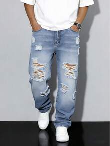 Quần jeans nam dáng rộng, phong cách đường phố, dáng thoải mái, thời trang thường ngày. - Rửa trung bình - Xem 4