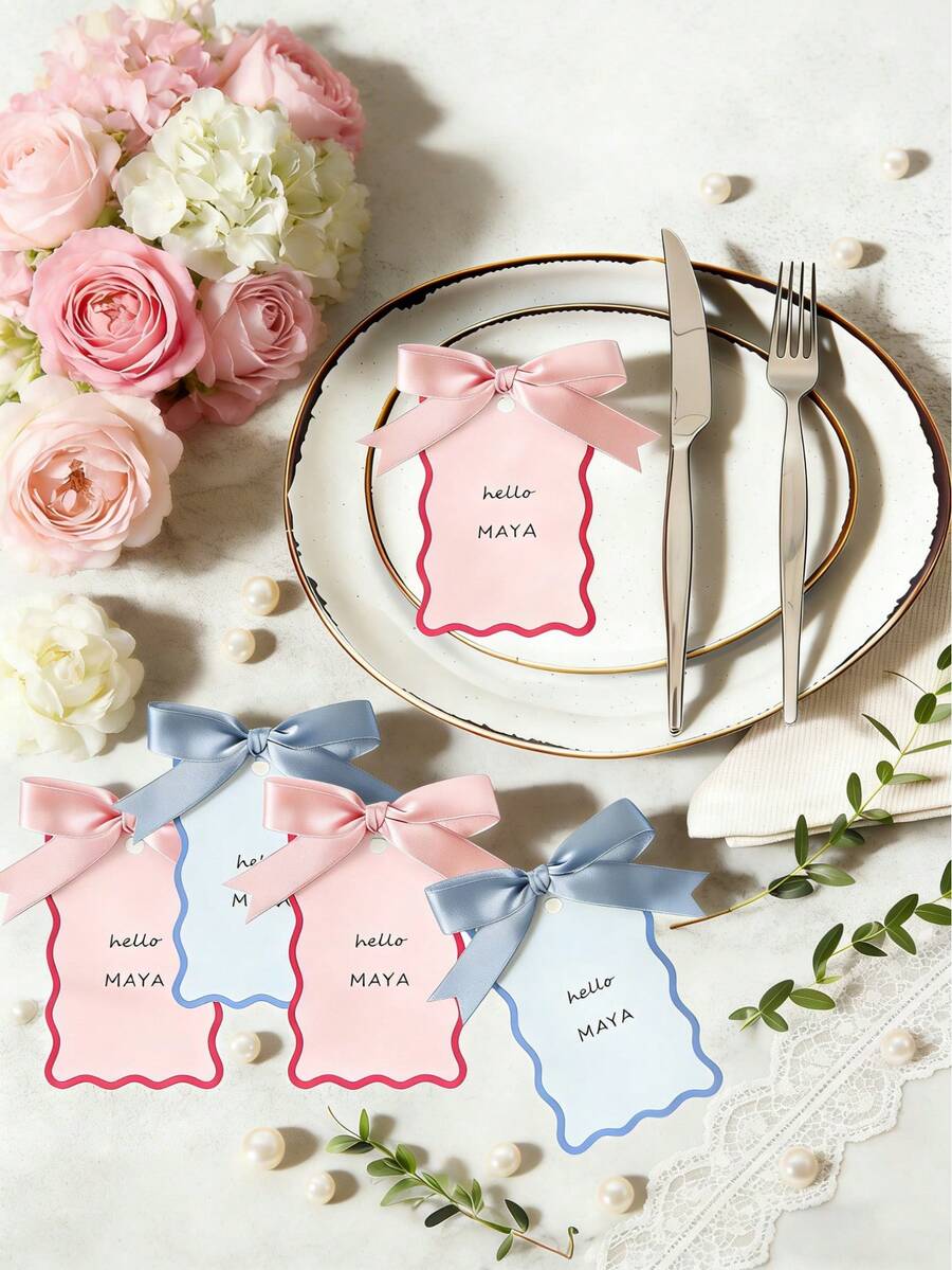 12pcs Shell Shaped Name Cards With Ribbons, DIY Wedding Table Cards, DIY Pink Label Handwritten Party Gift Cards, Birthday Gift Cards With Ribbons, Suitable For Desk Setting, DIY Wedding Cards, Birthday Party, Party Supplies (Blue & Pink) - Multicolor - View 1