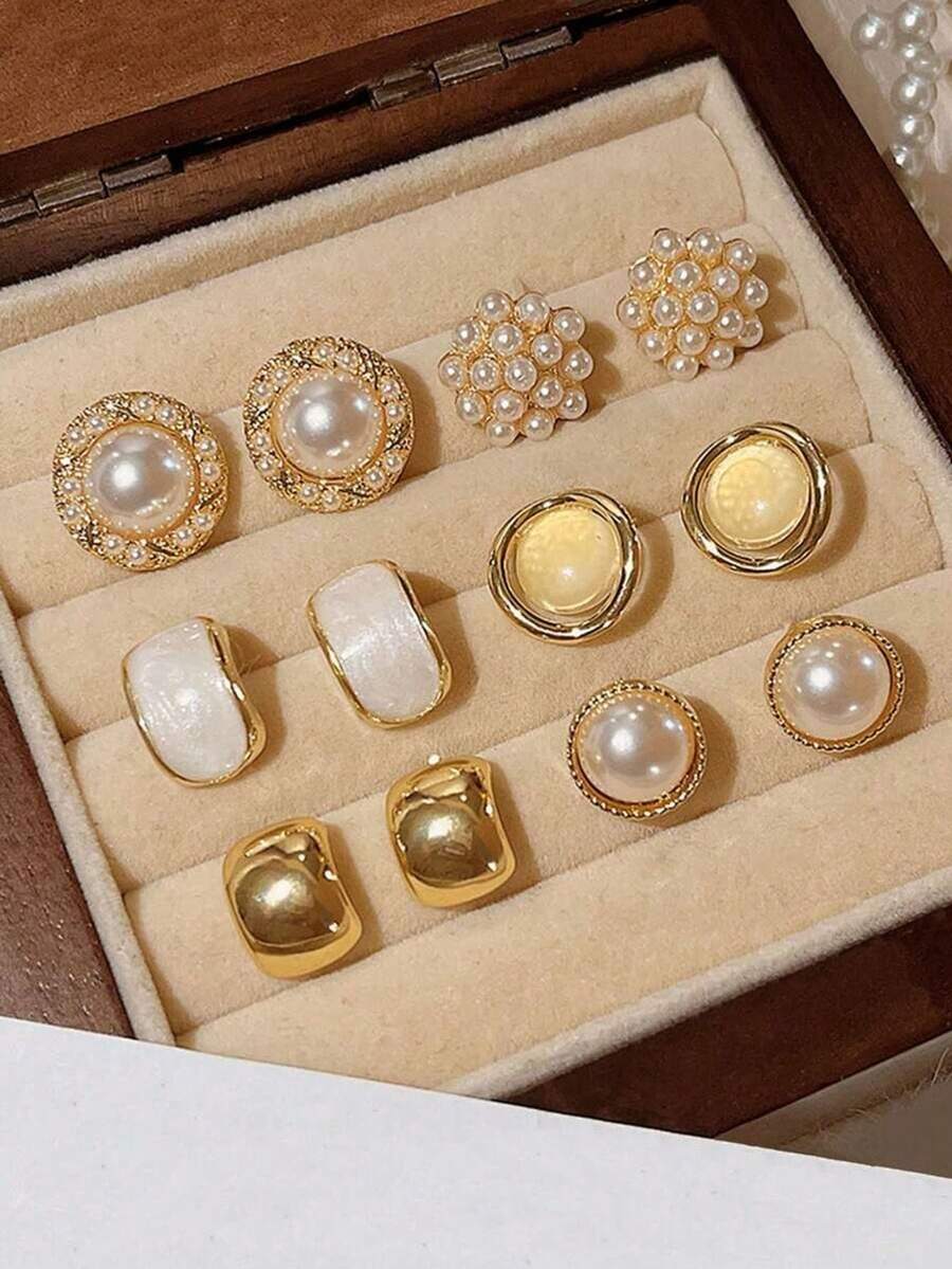 Andkiss 6 Pairs Elegant & Fashionable Shiny Round & Square Faux Pearl Stud Earrings Set - Gold - View 1