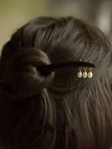 1pc Solid Color Retro Wooden Hair Stick, Faux Pearl Beaded Faux Ebony Hair Clip, New Chinese Style Hair Accessory, Suitable For All Seasons, Head Accessories, Hair Accessories For Women, Bun Extension, Hair Styling Pins, Pins For Hair - Black - View 3