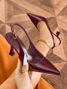 2026 New Non-Fatiguing Red Sole Cloth Women's High Heel Pumps, Thin Heel, Pointed Toe, Asymmetric Heel, Elastic Back Closed Toe Sandals - Burgundy - View 3