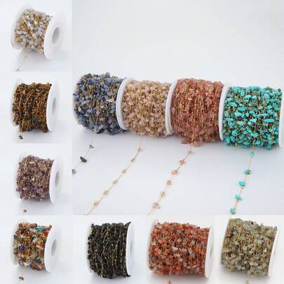 Ahknormailcui 1meter/39.37in Boho Style Stainless Steel Gold Plated Beading Irregular Natural Stone Necklace Chain For Making Necklaces/Bracelets/Anklet/Waist Chain/Sweater Chain Crafts Decoration, 18K Gold Plated Ins Style Turquoise/Agate/Aquamarine/Tiger Eye/Rose Quartz/Amethyst Small Gravel Beading Chains For Diy Jewelry Accessories