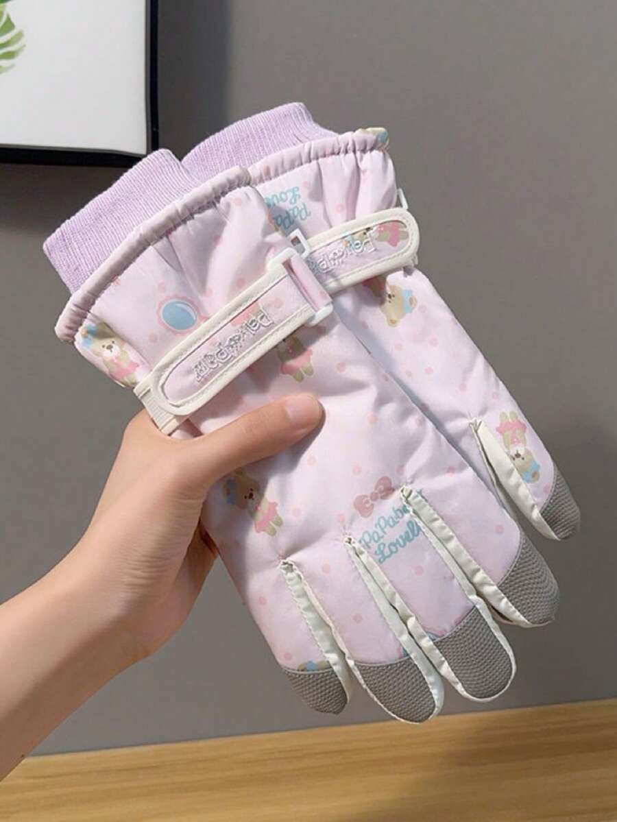 一双可爱粉色滑雪手套，女士款，防风保暖，触屏兼容，适合滑雪、单板滑雪、冬季户外运动，冬季手套，雪地手套，圣诞礼物 - 彩色 - 查看 1