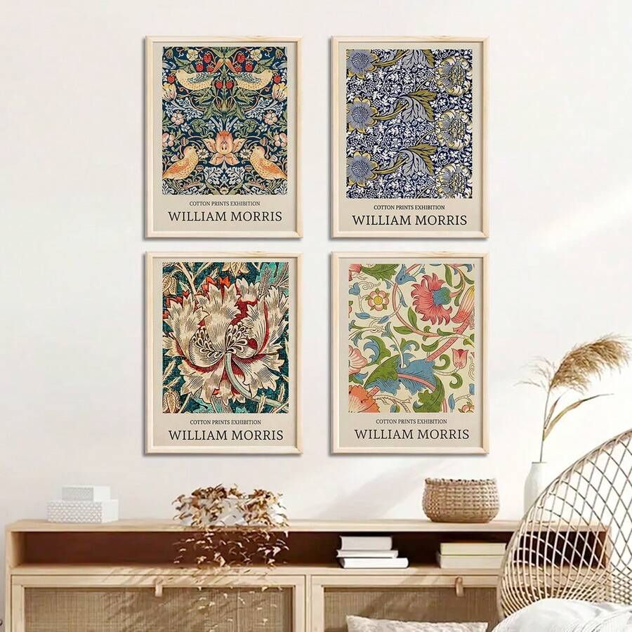 Bộ 4 tranh nghệ thuật William Morris - Tranh hoa cổ điển, thích hợp trang trí nhà cửa, phòng ngủ, phòng khách, phòng tắm, tường; Có thể chọn tranh kèm khung. - Nhiều màu - Xem 1