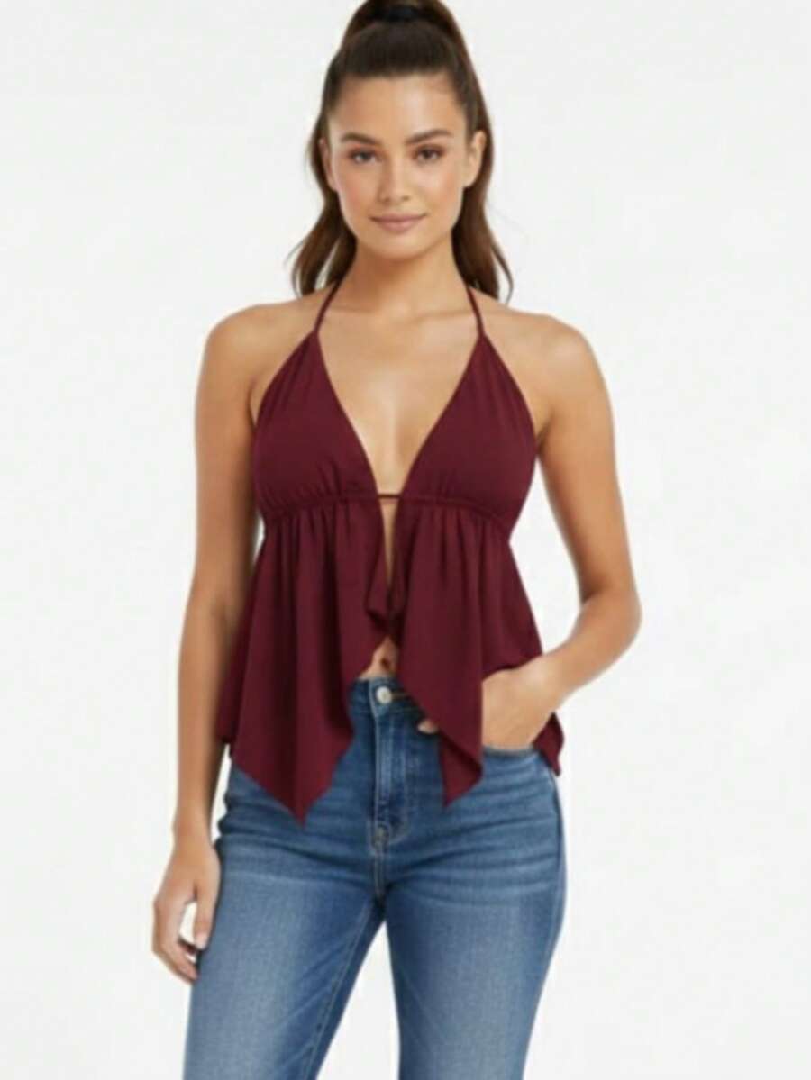 Women's Cropped Halter Top With Straps And Back Tie. Knit Fabric. Open Back. Drawstring. Nightwear. - 紅木色 - 查看 1