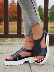 1 Pair Teens' Thick Sole Sandals, Black & White, Hollow Vamp, Hook & Loop Closure, Minimalist Versatile Women High Heel Sandals, Suitable For Daily Outing And Walking - Black - View 6