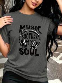 大码印花T恤，“音乐抚慰我的灵魂”，休闲舒适，适合日常穿着 | 夏季 - 深灰 - 查看 5