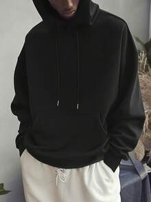 男士休闲时尚百搭街头字母卡通熊印花袋鼠口袋抽绳连帽衫，秋冬款 - 黑色 - 查看 2