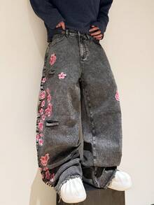 1 Quần jean ống rộng rách rách phong cách Mỹ, thoải mái, rộng rãi, phù hợp mặc mọi mùa, phong cách sinh viên, có gấu quần tua rua (Không có thắt lưng và phụ kiện) - Xám - Xem 2