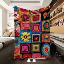 1pc Comfortable Colorful Crochet Floral Pattern Flannel Blanket, Bedroom Decor, Picnic Mat, Travel Throw, Wool Blanket, Bed Blanket, Plush Throw, Casual Blanket, Autumn Blanket, Summer Quilt, Bedroom Rug, Soft Blanket, Sofa Cover, Cool Fleece, Soft Polyester Knitted Design, Multi-Purpose, Machine Washable, Bedding, A Fluffy Blanket And Casual Throw, Ideal Gift For Family And Friends On Birthday, Anniversary, Everyday - 彩色 - 查看 3