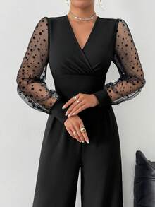 Elegant Black V-Neck Long Sleeve Straight Leg Sheer Mesh Panel Jumpsuit, Rivet Accents, Machine Washable For Sophisticated Style