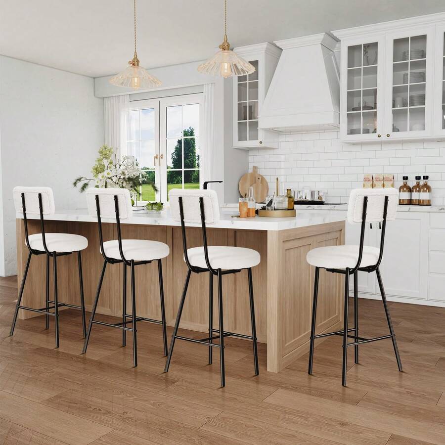 Techigher Bar Stools Set, Boucle Barstools Counter Height Barstool With Back & Metal Legs, Modern Upholstered Barstools For Kitchen Island, Cafe - Beige 4pcs - View 1