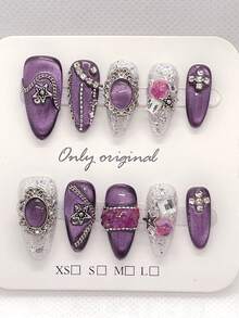 10片紫色猫眼美甲贴纸，短方形手工五角星全覆盖假指甲贴纸，适合女性和女孩美甲用品，手工美甲贴纸 - 紫色 - 查看 5