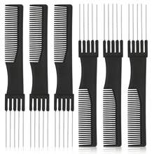 沙龙级美发梳 黑色 3/6 件装 手工理发梳 碳纤维提拉蓬松梳 带不锈钢金属齿 - 黑色 - 查看 9