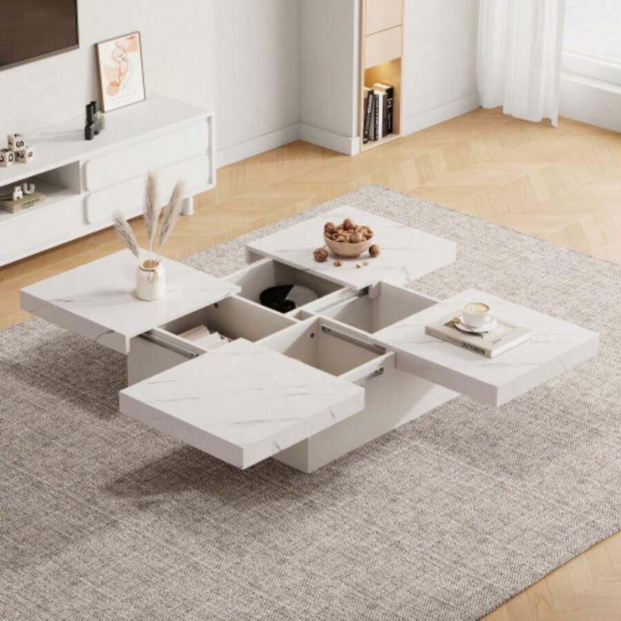 Modern White Square Coffee Table With Marble Look, 90 X 90 X 25 Cm – Four Drawers, Sliding Tabletop, Load Capacity Up To 30 Kg - 白色 - 查看 1