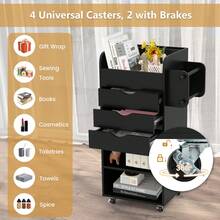 COSTWAY Mobile Rolling Storage Cart With 3 Drawers 2 Shelves And 2 Dowel Rods, Black - 黑色 - 查看 4