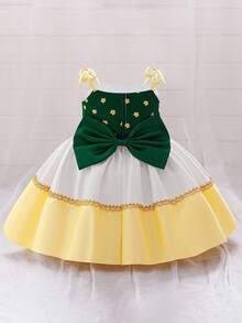 Baby Girls' Sleeveless Contrast Color Floral Print Satin Bow Back Cute Princess Dress, Suitable For Birthday Party, Outing, Does Not Include Headband - Multicolor - View 5