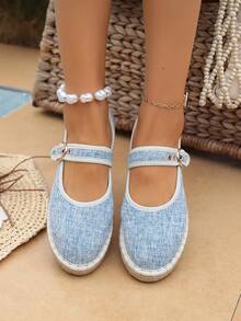 新款复古优雅简约清新蓝色百搭亚麻绳底亚麻布中底透气舒适时尚休闲搭扣可调节轻便平底乐福鞋 - 淺藍色 - 查看 4