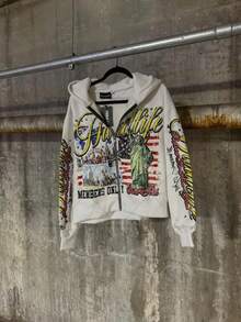 Mens Y2K Letter Print Zip Hoodie Oversized Streetwear Graphic Pullover Harajuku Style Jacket - 白色 - 查看 1
