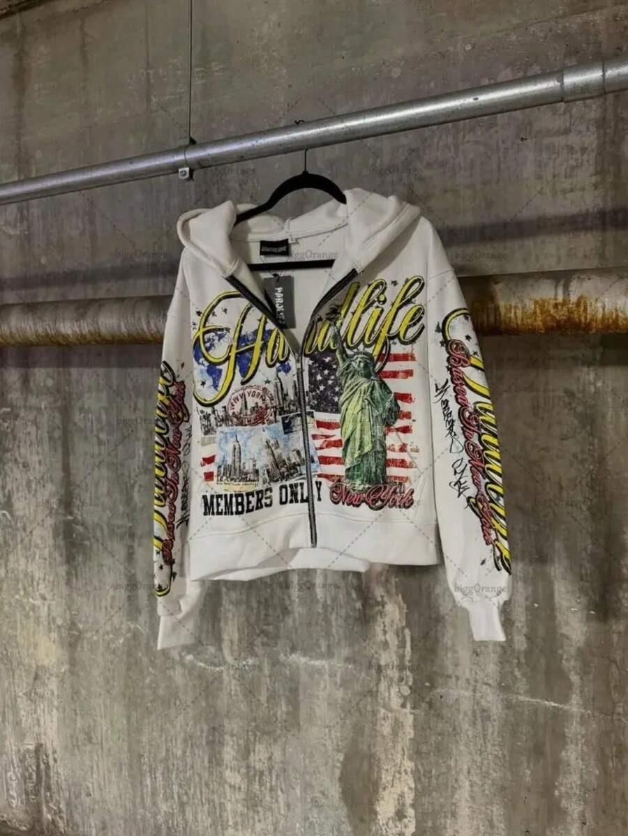 Mens Y2K Letter Print Zip Hoodie Oversized Streetwear Graphic Pullover Harajuku Style Jacket - 白色 - 查看 1