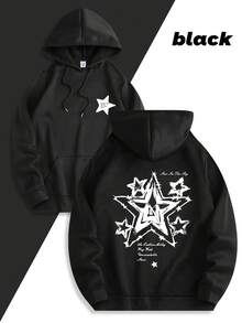 2026 Men's Fashion  Autumn Winter Kangaroo Pocket Hoodie, Star Letter Pattern Print, Casual Daily Comfortable Versatile Hooded Sweatshirt, Great Gift Loose And Comfortable, Casual And Easy-Going, Valentine's Day Hoodie For Couples, New Year Outfit For Women - màu đen - Xem 2