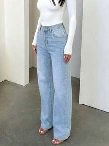 Women's Vintage Minimalist Elastic Waist Loose Straight Leg Jeans - Light Wash - View 2