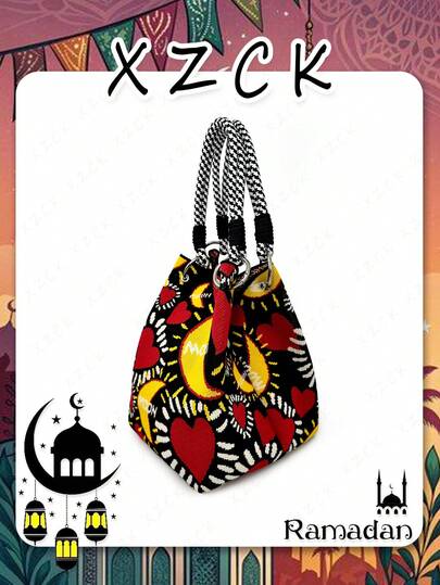 XZCK 【新品上市】时尚彩色心形图案手提包，搭扣设计编织手柄，适合女性日常休闲、购物、约会、聚会、旅行、斋月活动和开斋节庆祝活动。