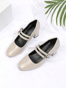 2026 Spring/Summer Elegant Glossy Apricot Square Toe Thick High Heel Double Buckle Patent Leather Mary Jane Pumps, Suitable For Valentine's Day, Graduation Season, Ramadan, Commuting, Dating, Shopping, Parties, Afternoon Tea, Hangouts, Everyday Wear, Campus, Travel, Photography - Apricot - View 4