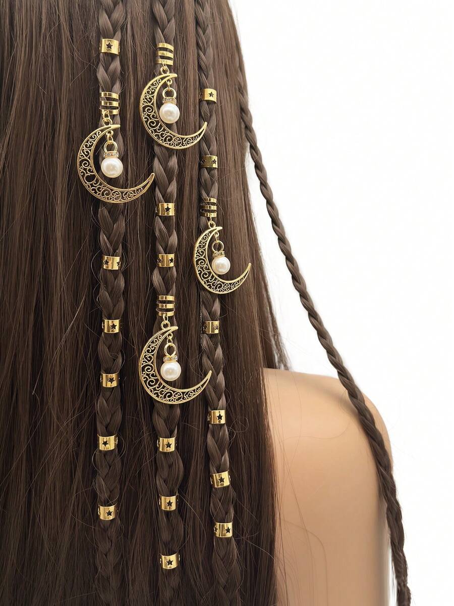 24pcs/Set Women Moon Pearl Star Hair Clips, Ponytail Hair Clips, Party Holiday Hair Clips, Hair Claws, School Supplies - Gold - View 1