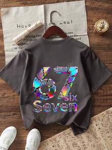 Young Girl Casual Graphic Print Crew Neck Short Sleeve T-Shirt, Summer Top - Dark Grey - View 4
