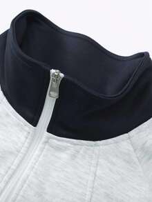 女士条纹立领拼接撞色运动夹克，适合户外活动和日常穿着，四季皆宜，春季款 - 灰色 - 查看 7