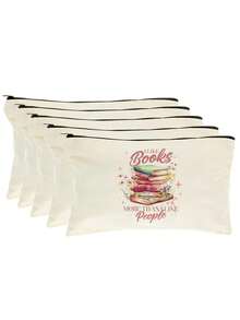 5/2/1pcs Floral & Book Reading Themed Canvas Zipper Storage Bags Gift Packaging Set, Creative "You're Awesome" Motivational Small Gift Bags, Suitable For Back To School, Graduation, Travel, Birthday, Anniversary, Teacher's Day, Appreciation Gifts - Beige - View 14