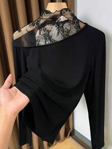 早春撞色蕾丝荷叶边女士打底衫，秋冬休闲黑色 - 黑色 - 查看 4