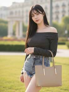 Women's Large Structured Tote Bag With Croco Texture, Luxury, Elegant, Spacious Shoulder Strap, Ideal For Work, Office, College, Casual, Everyday Use, Modern Minimalist Fashion, Premium PU, Sophisticated Design, Large Capacity, Neutral Colors: Black, Caramel, Coffee, Gray, Cream - 卡其色 - 查看 1