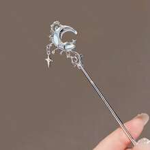 1pc Moonstone Star Hair Clip, Modern Chinese Style, Elegant Moon Hair Accessory, Unique Hair Ornament - Silver - View 4