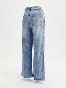 Women Casual Light Wash Denim Straight Leg Jeans With Ripped Knees Extra Long Non-Stretch Fabric Zipper Closure - Blue - View 7