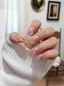 24片椭圆形美甲贴片，裸色底，饰有全息闪粉水钻，甜美风格美甲套装，适合女孩/女士约会、送礼、情人节、日常佩戴，包含1片果冻胶和1个指甲锉。 - 杏色 - 查看 5