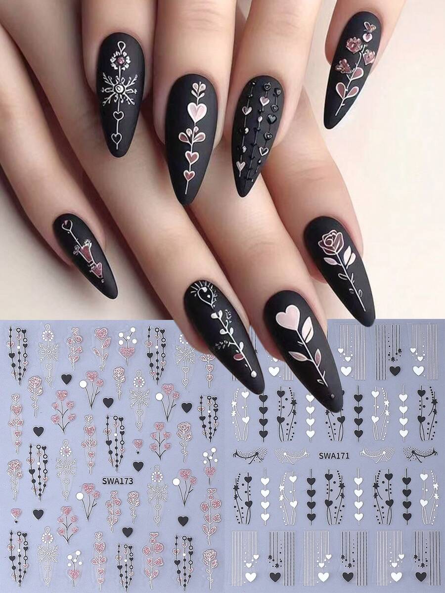 ملصقات أظافر بتصميم قلب حلو ولامع لعيد الحب 3D، قطعتان بتصميمات قلب أسود وأبيض وزهري، وزهرة وورود وشرائط دانتيل، ملصقات لاصقة ذاتيًا بتصميم عيد الحب، مناسبة لتزيين الأظافر في المناسبات والأعياد والزفاف، هدايا للنساء والفتيات - متعدد الألوان - مشاهدة 1