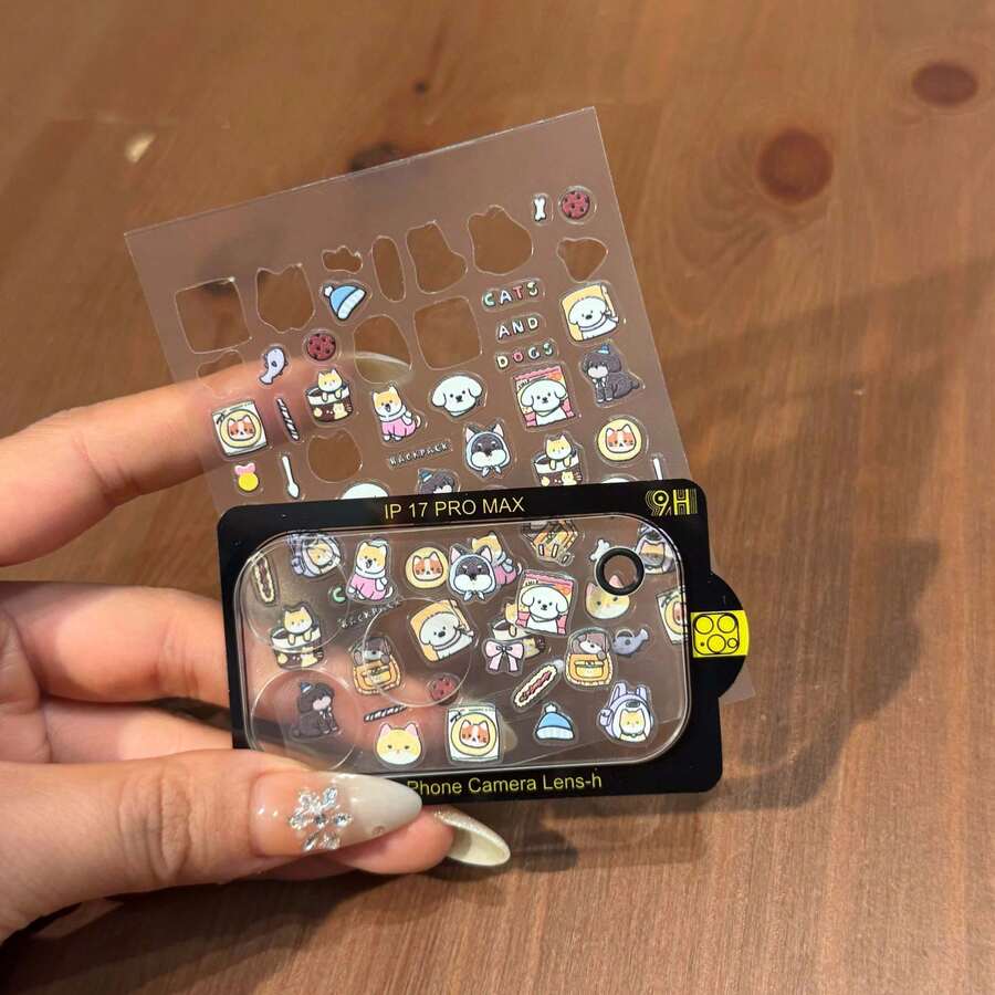 Q-Version Cartoon Dog, Dessert, Bone, And Small Hat Pattern Stickers + Camera Lens Protection Cover Compatible With Apple 17 Pro/17 Pro Max Series. Camera Lens Protection Film Is Suitable For Daily Protection, Use In Office And Home. - Clear - View 1