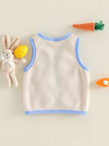 Chaleco para niños, sin mangas, con cierre de cremallera, chaqueta de conejo/zanahoria en color de contraste, ropa informal de Pascua para niñas y niños. - Azul - Ver 2