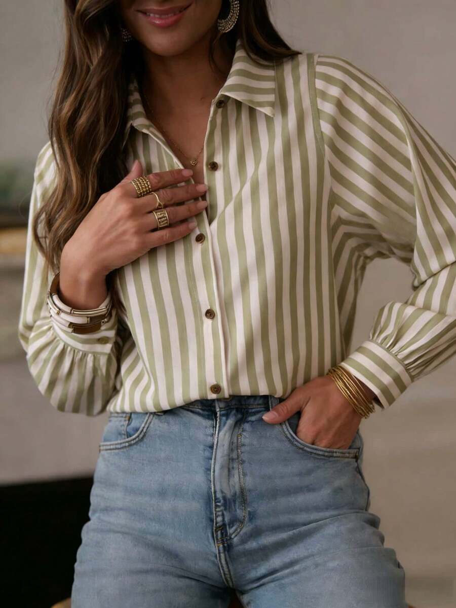 Women's Striped Regular Sleeve Long Sleeve Shirt, Lapel Button Front Polyester Blouse, Suitable For Daily Wear - Green - View 1