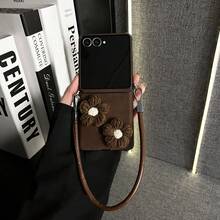 Korean Wool Flower Moon Pit Pattern Brown Phone Case With Anti-Loss Protable Strap Compatible With Samsung Galaxy ZFlip7 Z Flip6 ZFlip 5 Zflip6 Zflip5 Shockproof Back Cover - Brown - View 3