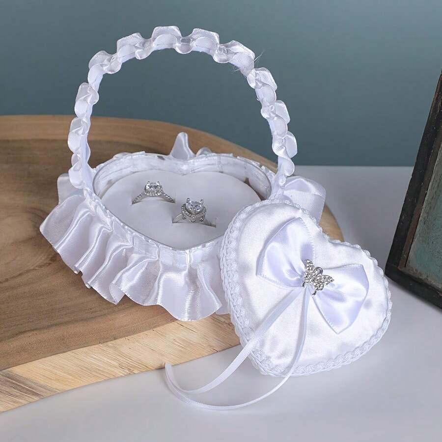 婚礼戒指枕形心形盒，白色浪漫蕾丝珍珠戒指盒，带丝带，适用于婚礼仪式戒指童