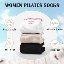 2双装防滑普拉提袜，棉质透气瑜伽袜，高弹吸湿排汗中筒袜，女士款 - 彩色 - 查看 6