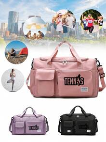 1件装网球印花旅行包，多功能健身手提包/背包，大容量休闲尼龙旅行包，轻便，适合健身房、运动、过夜旅行