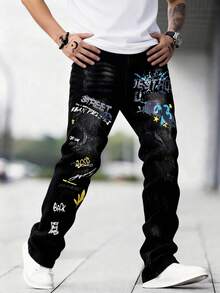 青少年男孩休闲印花牛仔裤，四季皆宜 - 黑色 - 查看 4