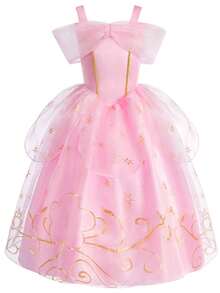 4pcs/Set Pink Princess Dress With Tulle Skirt, Gold Star Print Girl Princess Dress, Spaghetti Strap Off-Shoulder Dress, Suitable For Holiday Party, Celebration - Pink - View 2